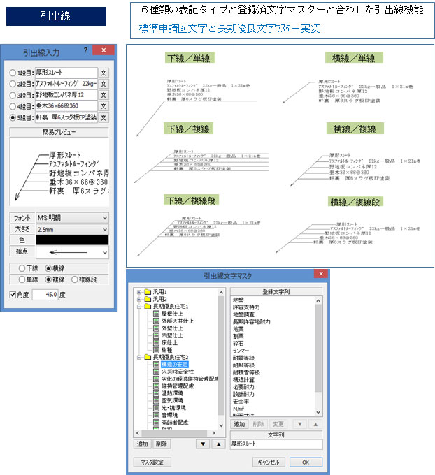 引出線
６種類の表記タイプと登録済文字マスターと合わせた引出線機能
標準申請図文字と長期優良文字マスター実装
